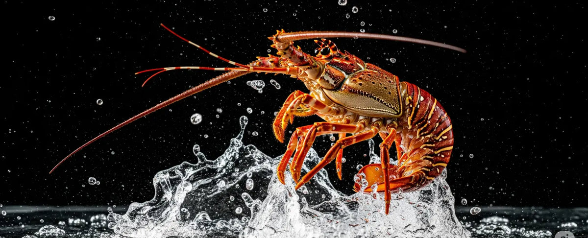 Langosta espinosa del Caribe de color rojo intenso, capturada en el aire justo antes de sumergirse, creando un impresionante splash de agua sobre un fondo negro.